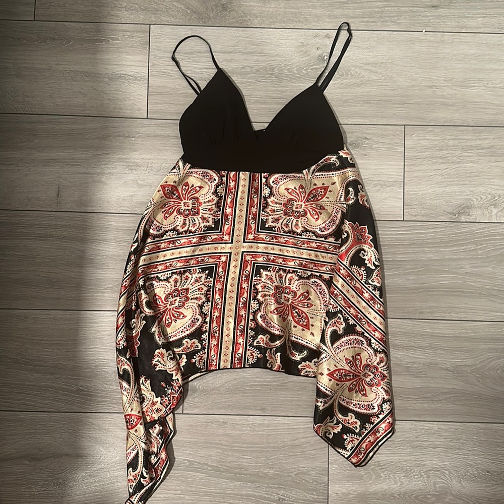 Black patterned silk top in MEDIUM